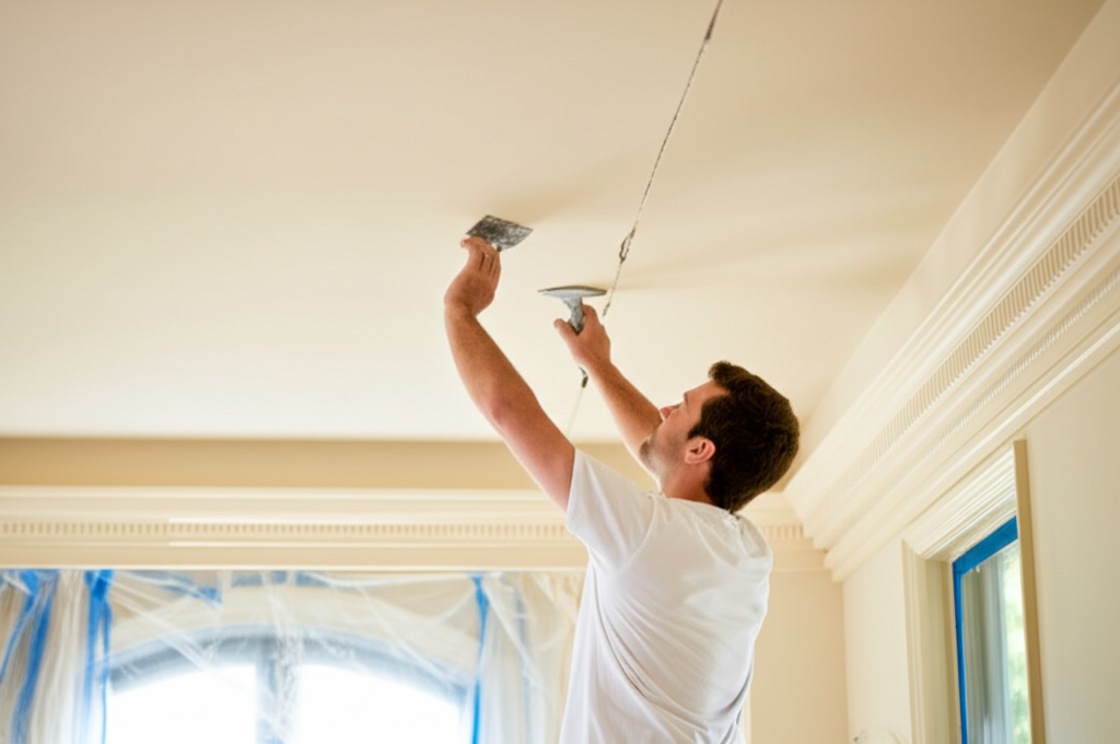 Skilled technician repairing damaged ceiling in a high-end Beverly Hills property