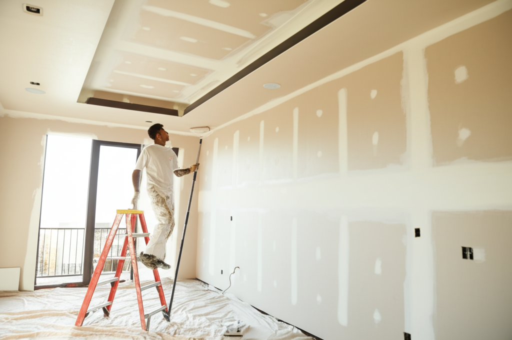 Professional painter applying finish coat to newly installed drywall in a luxury Beverly Hills home