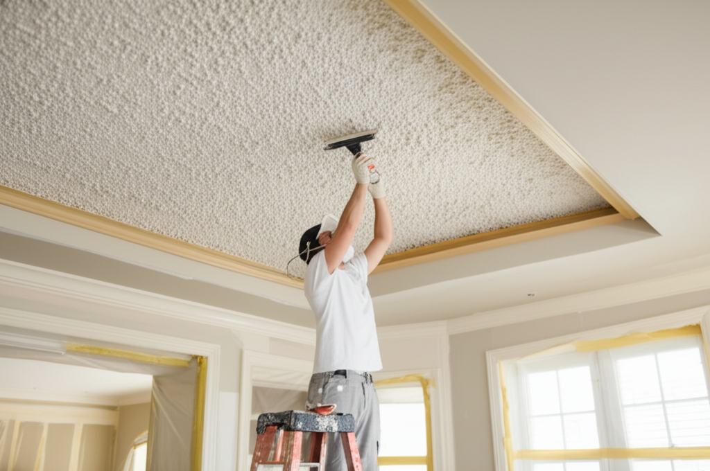 Professional worker carefully removing popcorn ceiling in an upscale Beverly Hills residence