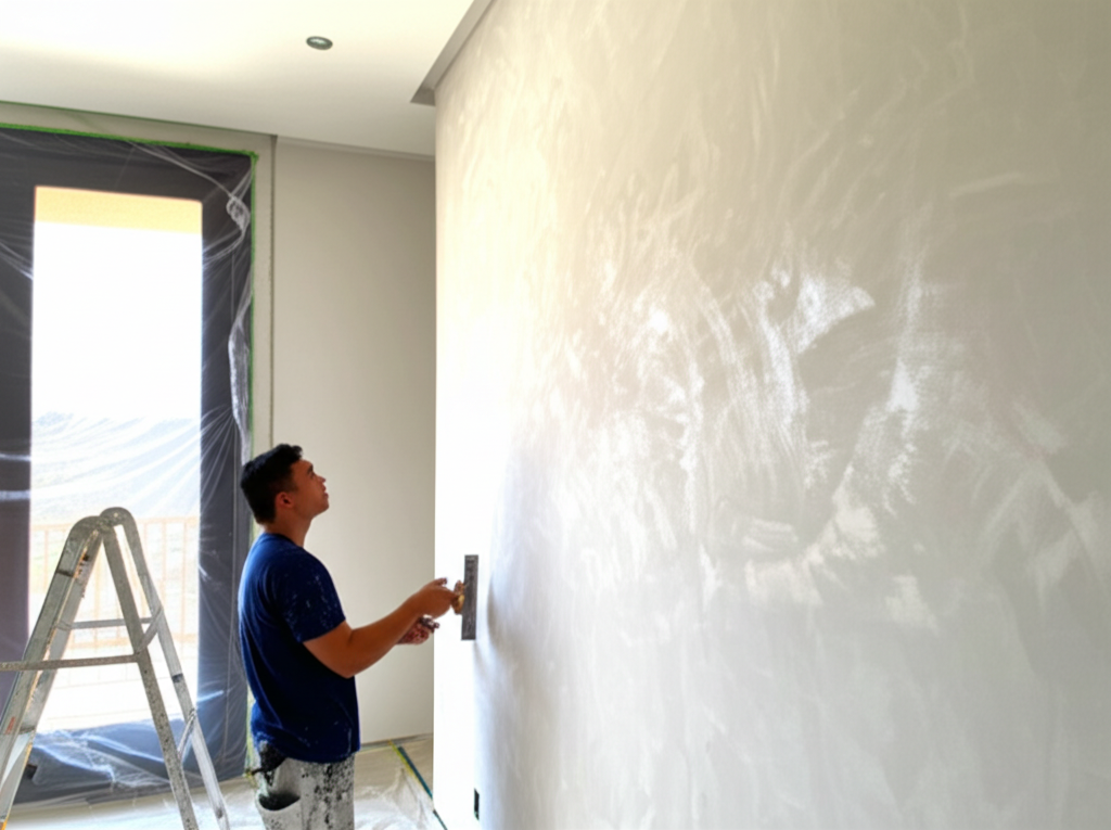 Professional technician applying custom texture to wall in a luxury Beverly Hills home