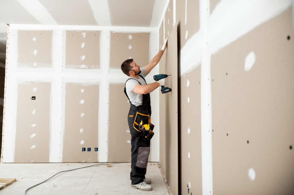 Worker installing new drywall in a luxury Beverly Hills property
